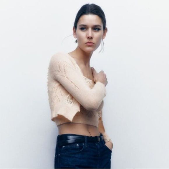 ZARA POINTELLE KNIT CARDIGAN WITH LACE - Picture 4 of 7